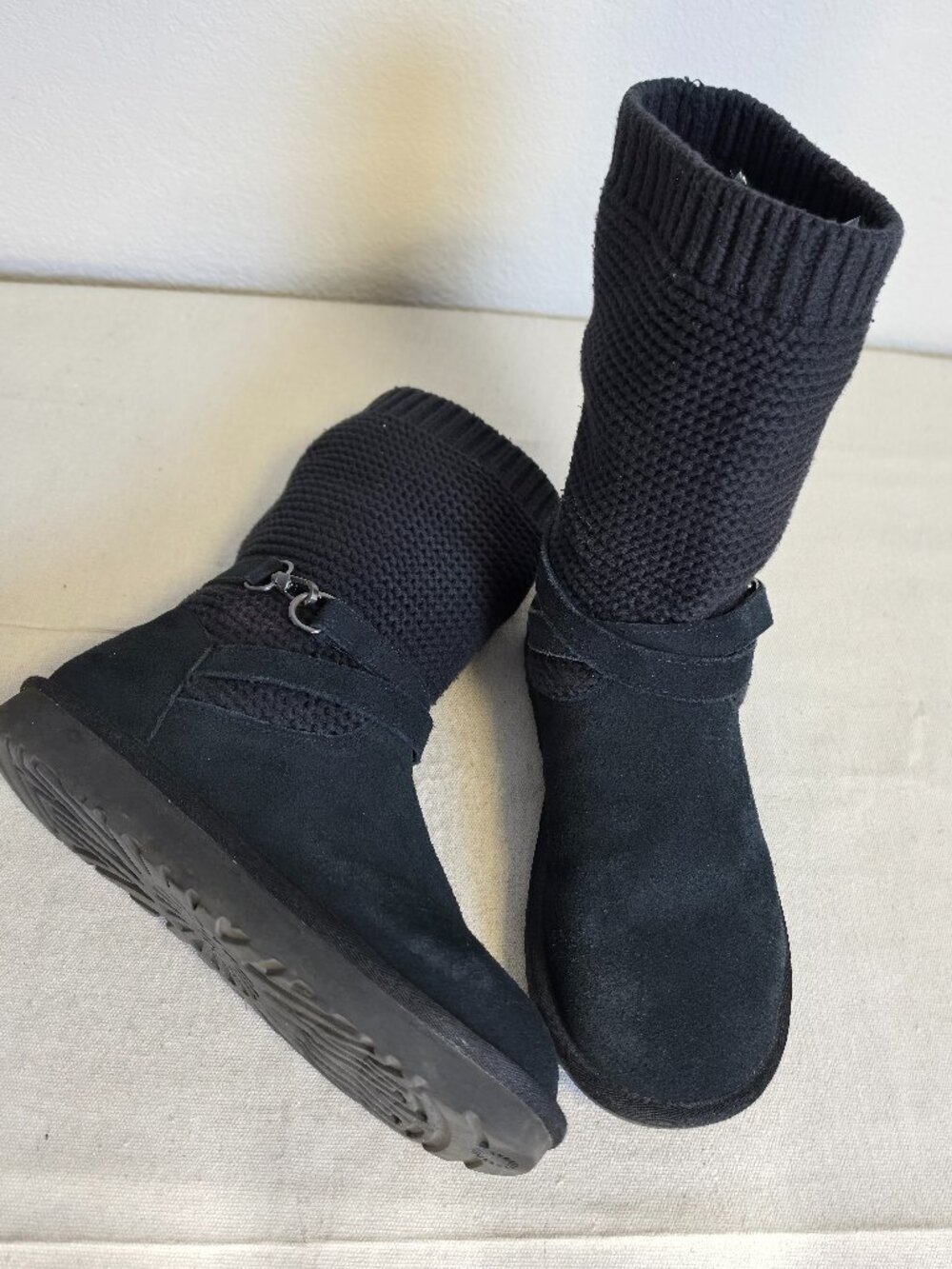 UGG Purl Strap Boot 1098080 Black Suede Knit Cuff Wool Lined Women's Size 10